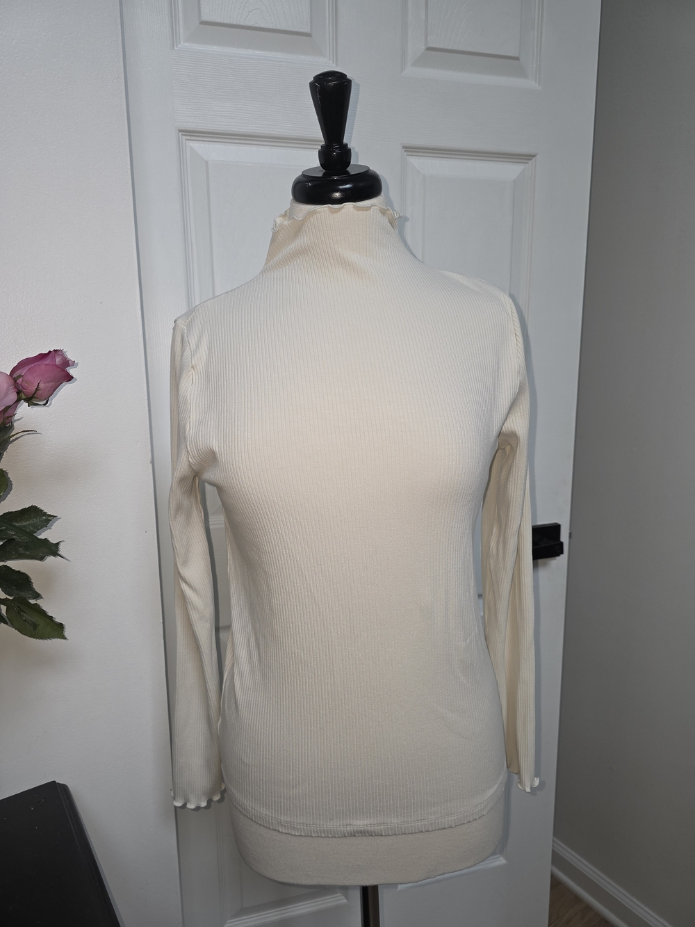 LOFT Cream Ribbed Mock-Neck Long Sleeve Top with Lettuce Edge